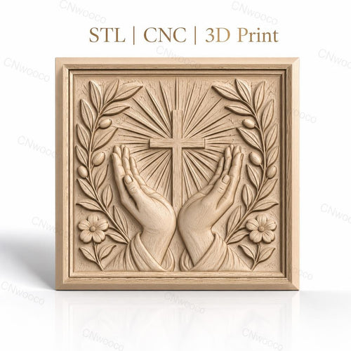 Fichier CNC & impression 3D chrétien, mains en prière, croix et feuillage floral, haute qualité relief STL
