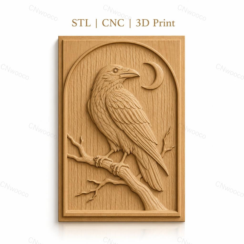 Fichier CNC & impression 3D corbeau sur branche avec lune haute qualité relief STL