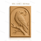 Fichier CNC & impression 3D corbeau sur branche avec lune haute qualité relief STL