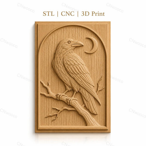 Fichier CNC & impression 3D corbeau sur branche avec lune haute qualité relief STL