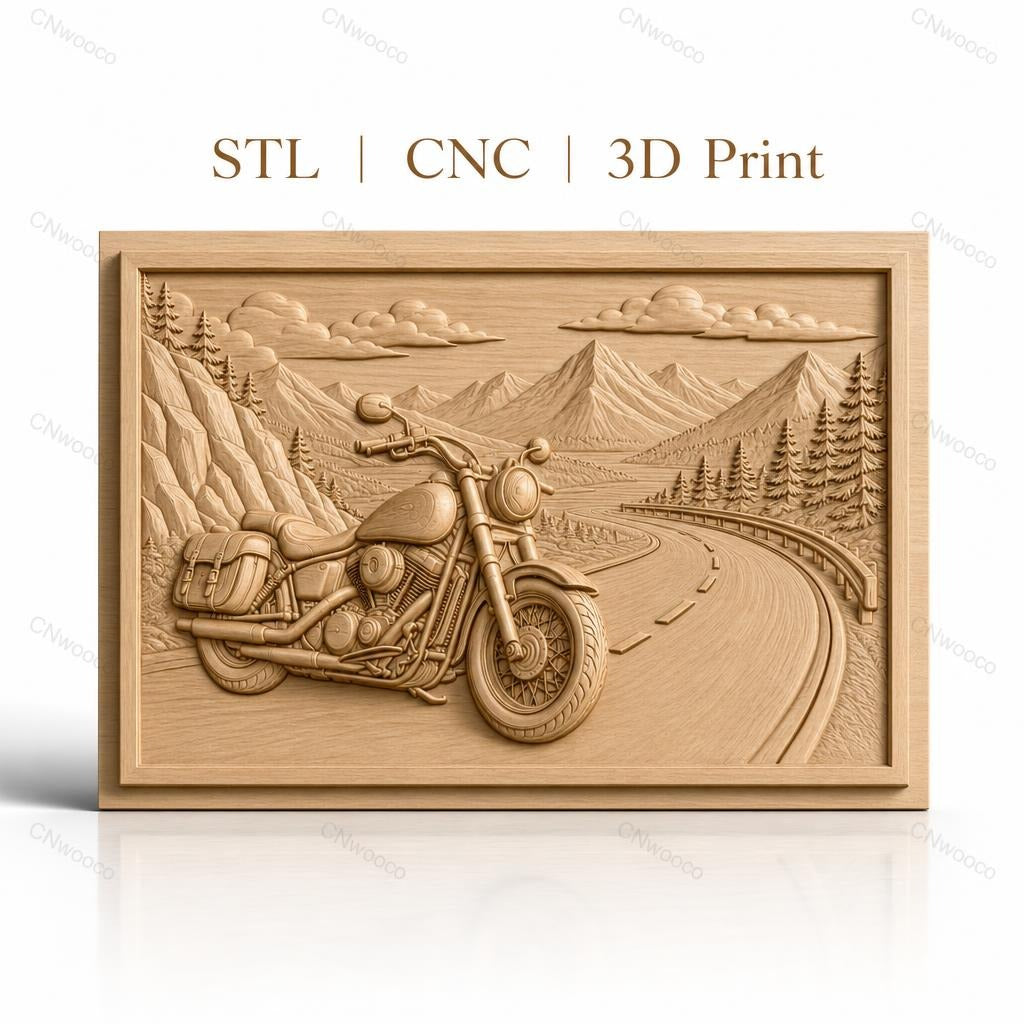 Fichier CNC & impression 3D moto vintage sur route de montagne, paysage naturel et pins, haute qualité relief STL