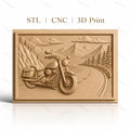 Fichier CNC & impression 3D moto vintage sur route de montagne, paysage naturel et pins, haute qualité relief STL