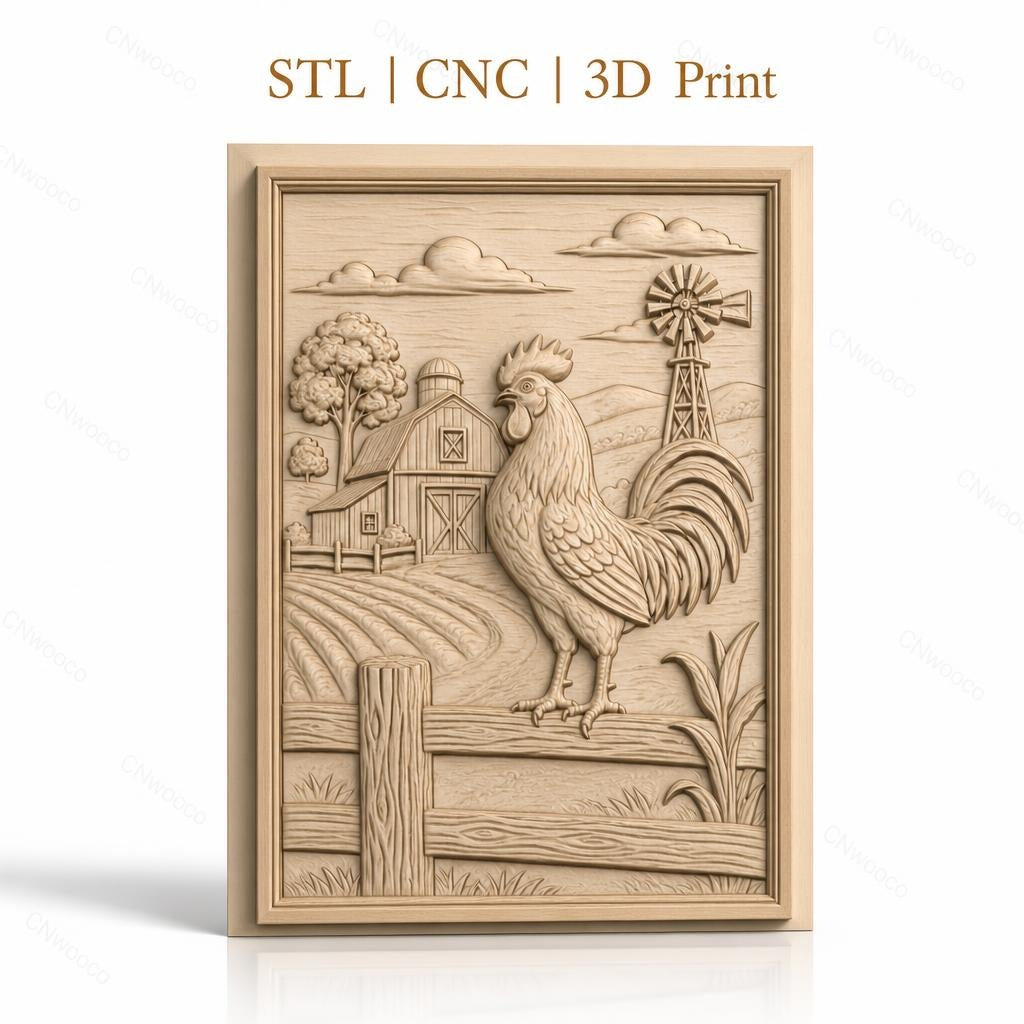Fichier CNC & impression 3D coq à la ferme, moulin à vent et bâtiment agricole, haute qualité relief STL