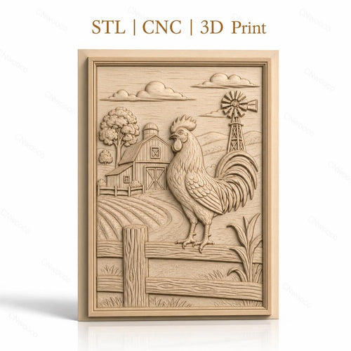 Fichier CNC & impression 3D coq à la ferme, moulin à vent et bâtiment agricole, haute qualité relief STL