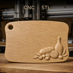 Fichier CNC art de la table avec pain olives citron bouteille, bas-relief pour sculpture sur bois, STL