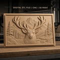 Fichier CNC & impression 3D cerf avec montagnes et arbres, haute qualité relief STL