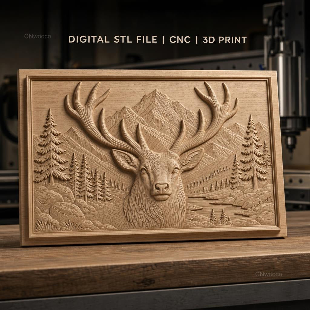 Fichier CNC & impression 3D cerf avec montagnes et arbres, haute qualité relief STL