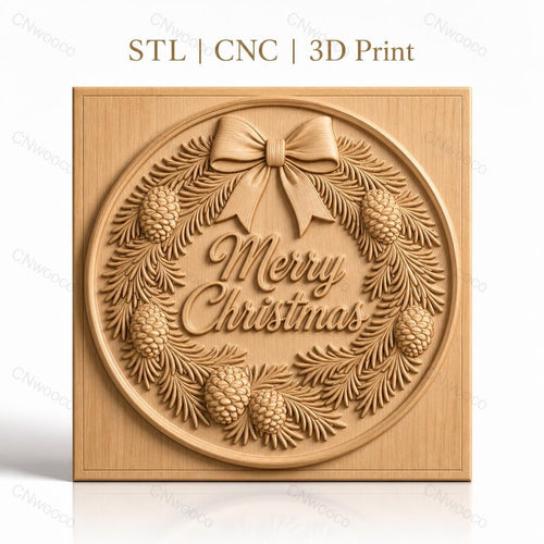 Fichier CNC & impression 3D couronne de Noël, pommes de pin et ruban, haute qualité relief STL