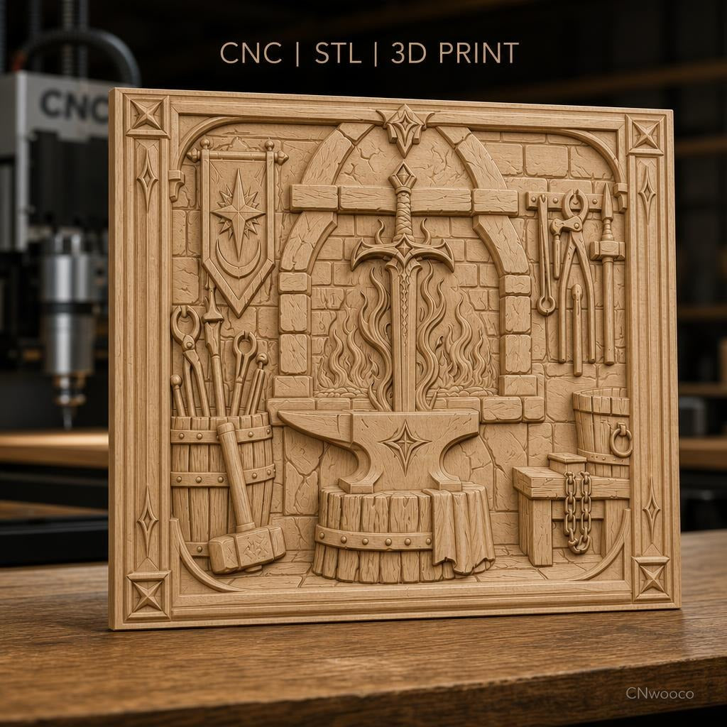 Fichier CNC & impression 3D atelier de forgeron, épée, enclume, feu et outils, haute qualité relief STL