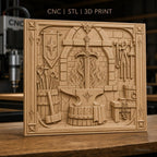 Fichier CNC & impression 3D atelier de forgeron, épée, enclume, feu et outils, haute qualité relief STL