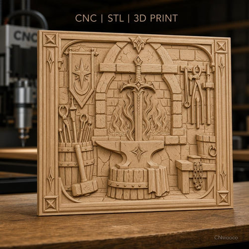 Fichier CNC & impression 3D atelier de forgeron, épée, enclume, feu et outils, haute qualité relief STL
