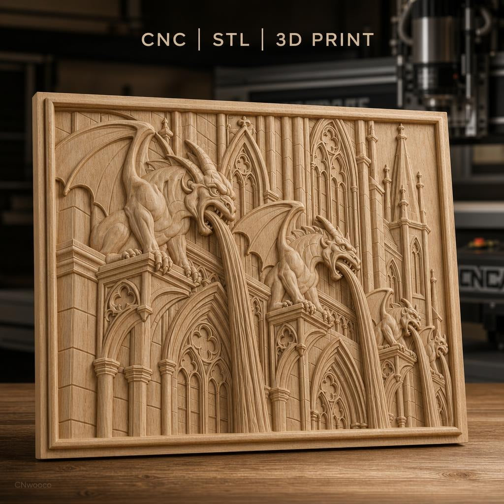 Fichier CNC & impression 3D gargouilles gothiques sur cathédrale, architecture médiévale, haute qualité relief STL