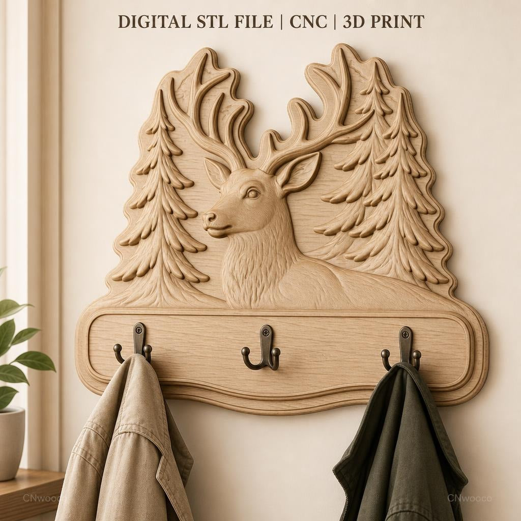 Fichier CNC & impression 3D enseigne décorative cerf et sapins, STL très haute qualité