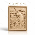 Fichier CNC & impression 3D poisson bass sautant, eau, plantes aquatiques haute qualité relief STL