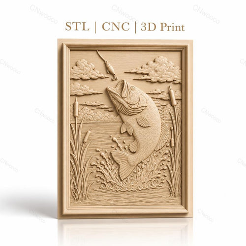 Fichier CNC & impression 3D poisson bass sautant, eau, plantes aquatiques haute qualité relief STL