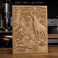 Fichier CNC & impression 3D Saint Hubert, cerf avec croix lumineuse et chasseur en prière, haute qualité relief STL