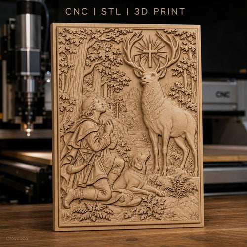 Fichier CNC & impression 3D Saint Hubert, cerf avec croix lumineuse et chasseur en prière, haute qualité relief STL