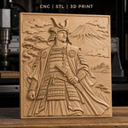 Fichier CNC & impression 3D samouraï japonais, relief avec guerrier, montagne et château, haute qualité relief STL