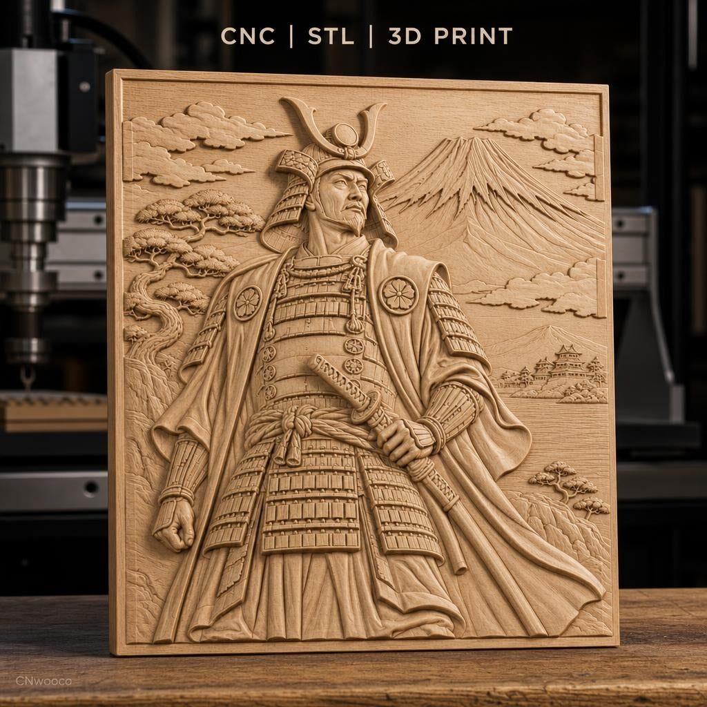 Fichier CNC & impression 3D samouraï japonais, relief avec guerrier, montagne et château, haute qualité relief STL