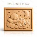Fichier CNC & impression 3D ours endormi sur nuage, lune et étoiles, haute qualité relief STL