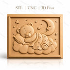 Fichier CNC & impression 3D ours endormi sur nuage, lune et étoiles, haute qualité relief STL