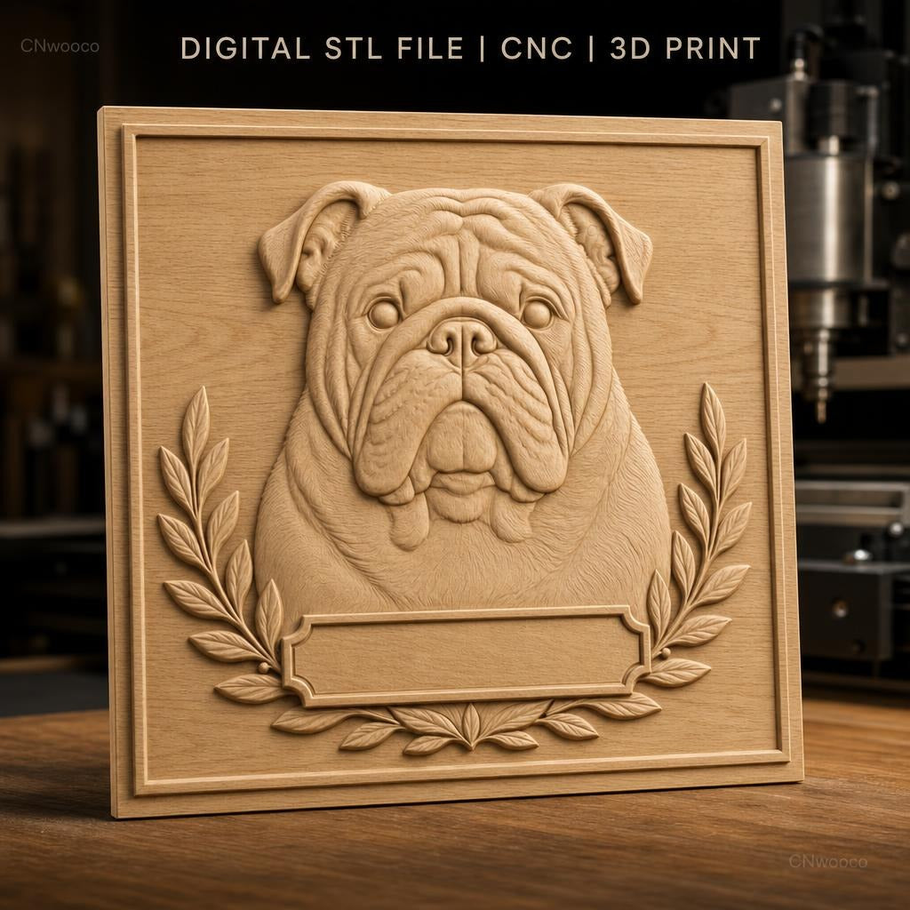 Fichier CNC & impression 3D Bulldog Anglais, portrait animalier avec cadre ornemental, haute qualité relief STL