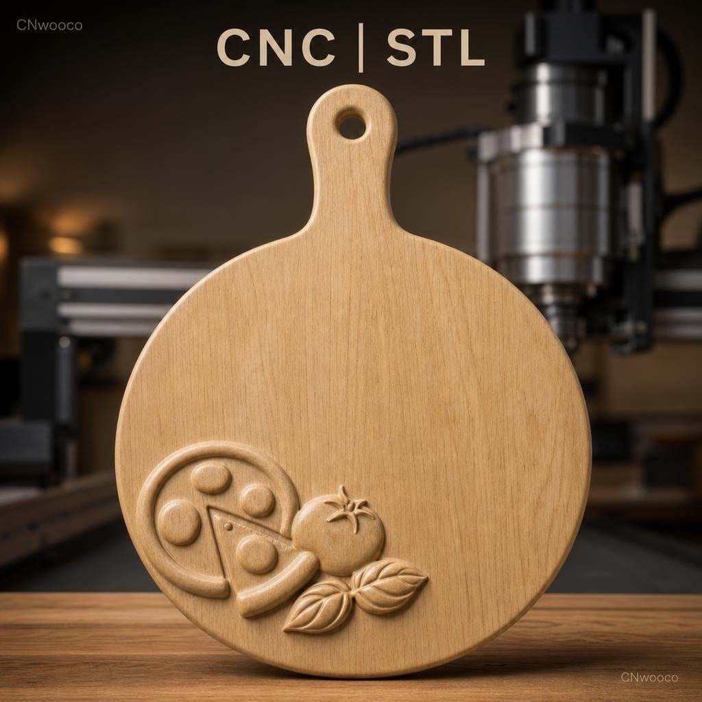 Fichier CNC pizza, tomate et basilic, bas-relief pour sculpture sur bois, STL