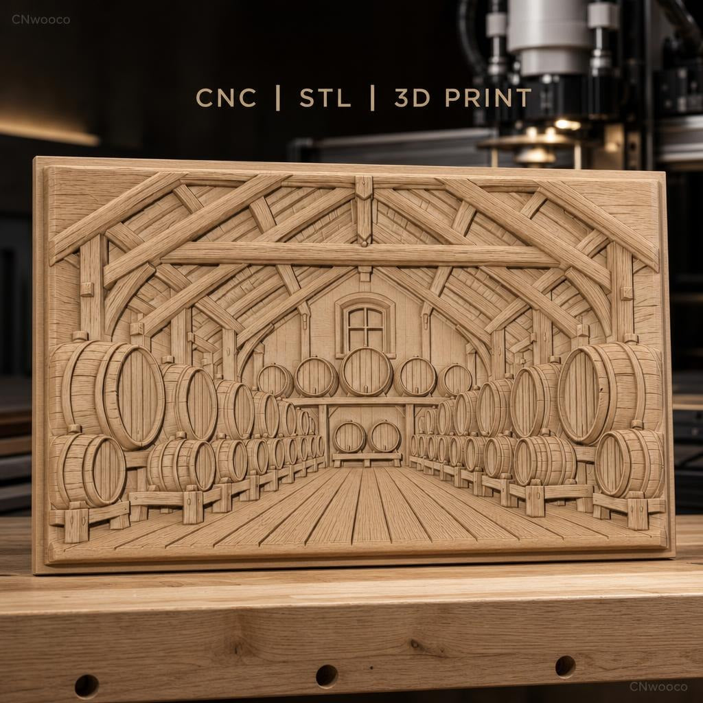 Fichier CNC & impression 3D cave à vin avec tonneaux en bois, ambiance rustique, haute qualité relief STL