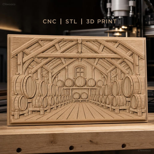 Fichier CNC & impression 3D cave à vin avec tonneaux en bois, ambiance rustique, haute qualité relief STL