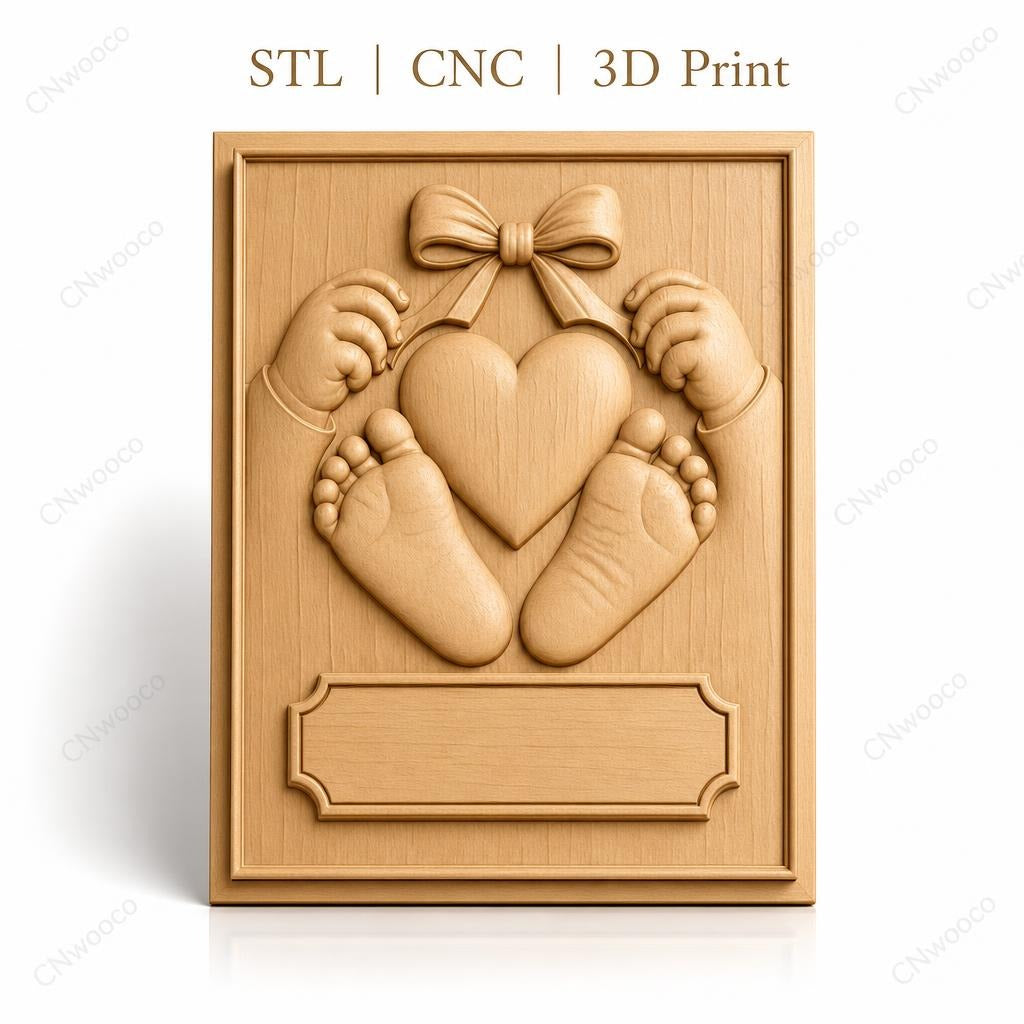 Fichier CNC & impression 3D bébé, mains, pieds et cœur avec ruban, haute qualité relief STL