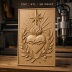 Fichier CNC & impression 3D Sacré-Cœur, couronne d'épines, flamme et feuilles d'olivier, haute qualité relief STL