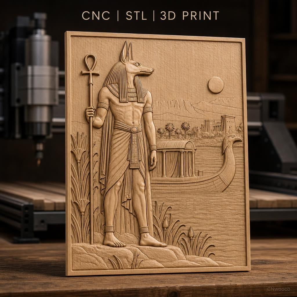 Fichier CNC & impression 3D Dieu égyptien Anubis avec bateau, paysage du Nil, haute qualité relief STL