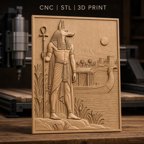 Fichier CNC & impression 3D Dieu égyptien Anubis avec bateau, paysage du Nil, haute qualité relief STL