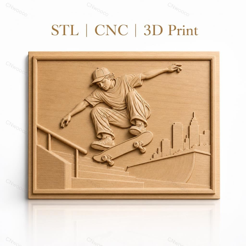 Fichier CNC & impression 3D Skateur sautant à la rampe avec ville en arrière-plan, haute qualité relief STL
