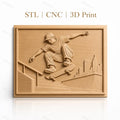 Fichier CNC & impression 3D Skateur sautant à la rampe avec ville en arrière-plan, haute qualité relief STL