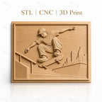 Fichier CNC & impression 3D Skateur sautant à la rampe avec ville en arrière-plan, haute qualité relief STL