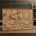 Fichier CNC & impression 3D artisan appliquant feuille d'or, pinceaux et motifs baroques, haute qualité relief STL
