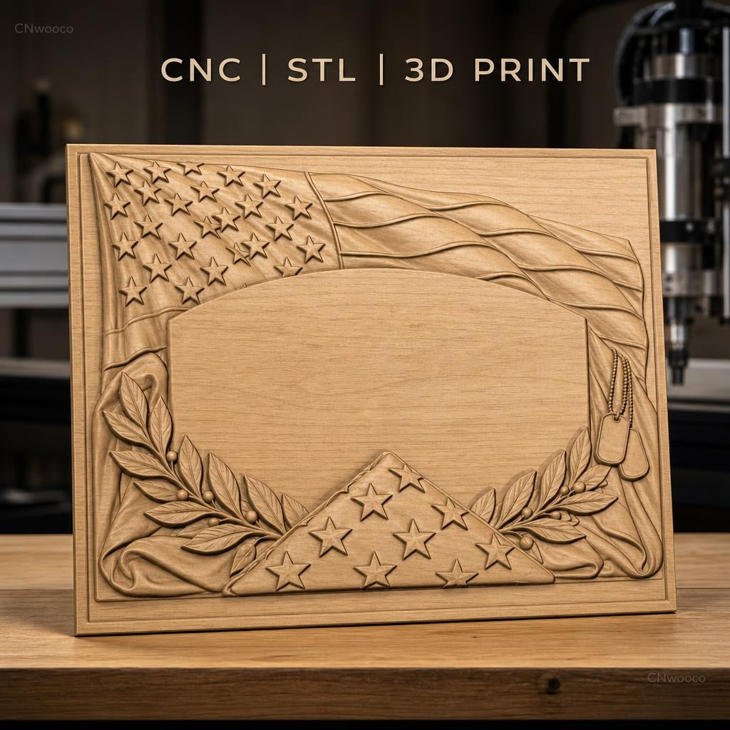 Fichier CNC & impression 3D thème drapeau américain, étoile, rameaux et plaques militaires, haute qualité relief STL