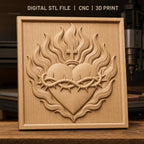 Fichier CNC & impression 3D Sacré Cœur, cœur enflammé avec couronne d'épines et croix, haute qualité relief STL
