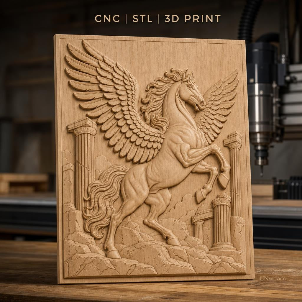 Fichier CNC & impression 3D Pégase légendaire avec colonnes grecques ruines, haute qualité relief STL