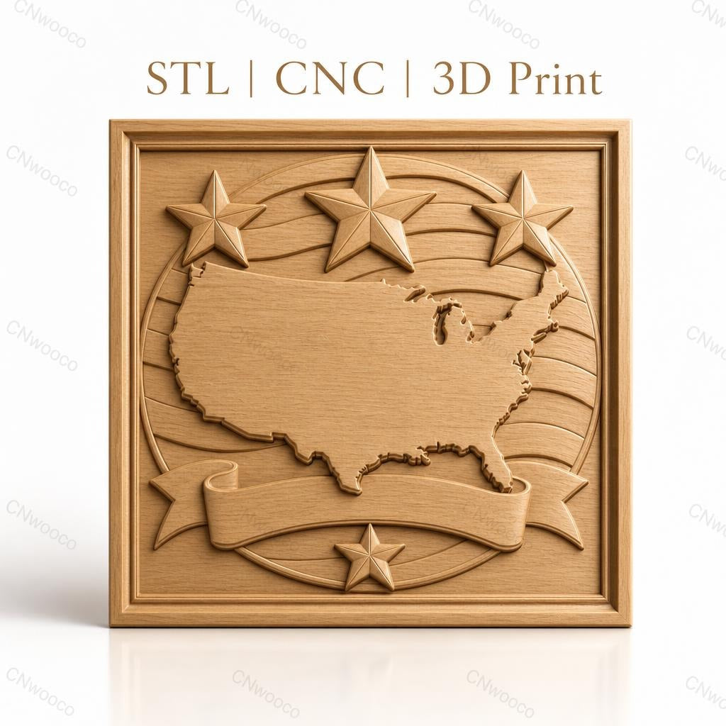 Fichier CNC & impression 3D carte des États-Unis, étoiles et bannière relief américain, haute qualité relief STL