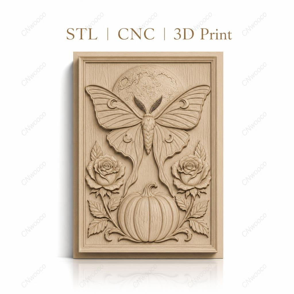 Fichier CNC & impression 3D papillon de nuit, lune, citrouille et roses, haute qualité relief STL