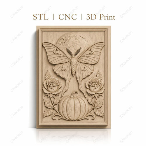 Fichier CNC & impression 3D papillon de nuit, lune, citrouille et roses, haute qualité relief STL