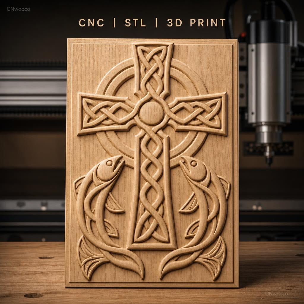 Fichier CNC & impression 3D Croix celtique avec poissons, motif entrelacé haute qualité relief STL