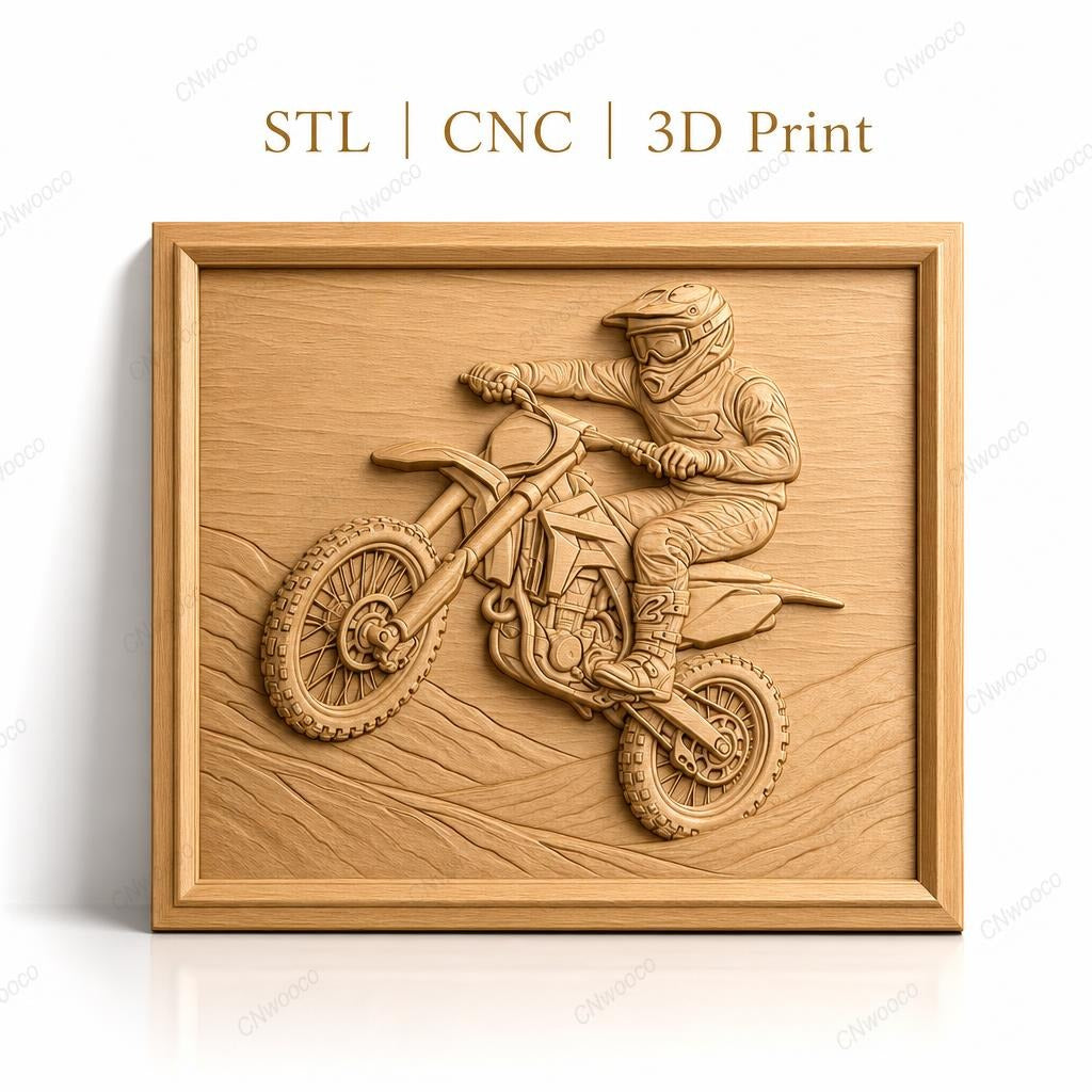 Fichier CNC & impression 3D motocross, pilote en action sur moto tout-terrain haute qualité relief STL