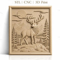 Fichier CNC & impression 3D cerf majestueux, paysage montagneux avec sapins et lune, haute qualité relief STL