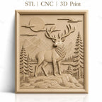 Fichier CNC & impression 3D cerf majestueux, paysage montagneux avec sapins et lune, haute qualité relief STL