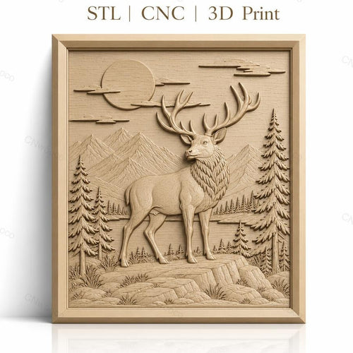 Fichier CNC & impression 3D cerf majestueux, paysage montagneux avec sapins et lune, haute qualité relief STL
