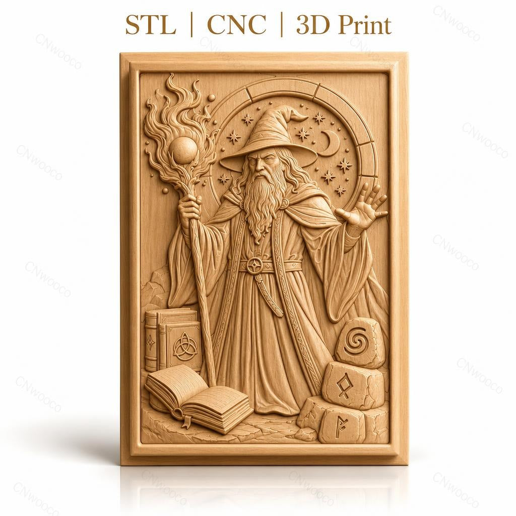 Fichier CNC & impression 3D magicien, bâton magique, livres anciens, symboles mystiques, haute qualité relief STL