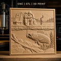 Fichier CNC & impression 3D pêche blanche, homme avec tente et poisson sous glace, haute qualité relief STL